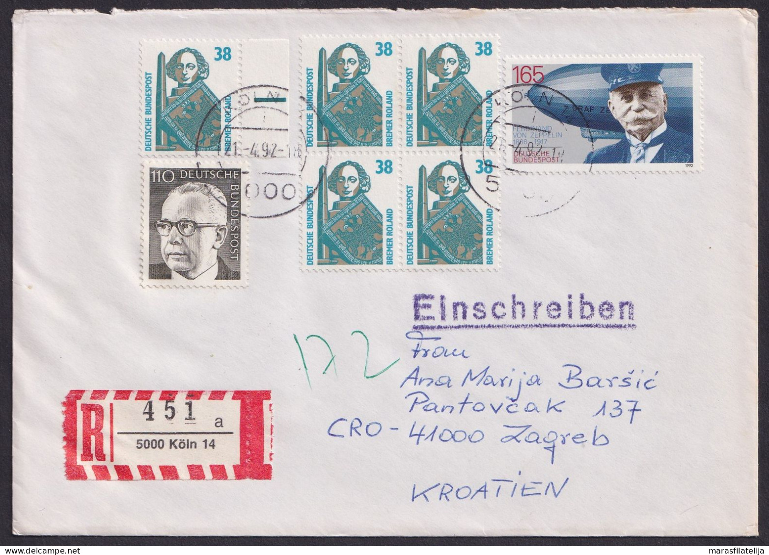 Germany 1992, Ferdinand Von Zeppelin, Registered Letter To Croatia - Altri & Non Classificati