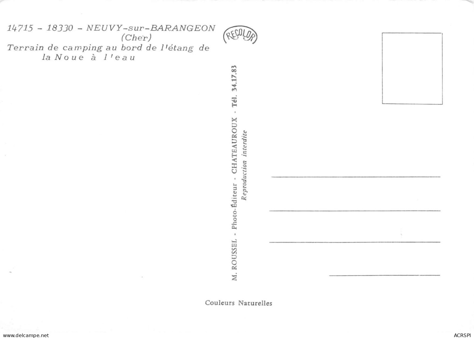 18 NEUVY-SUR-BARANGEON Camping Au Bord De L'étang De La Noue Carte Vierge Non Circulé (Scan R/V) N° 26 \MS9016 - Argent-sur-Sauldre