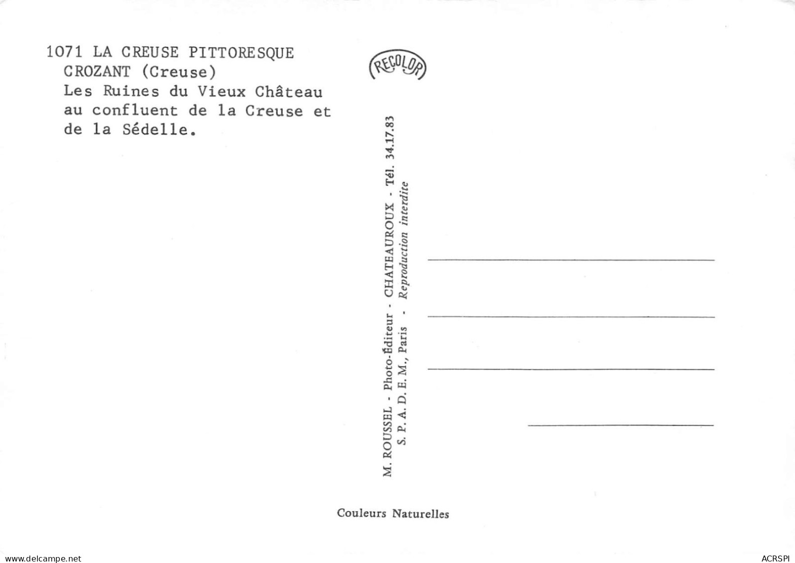 23 CROZANT Confluent De La Creuze Et De La Séd Cp Vierge Non Circulé éd Roussel (Scan R/V) N° 14 \MS9015 - Crozant