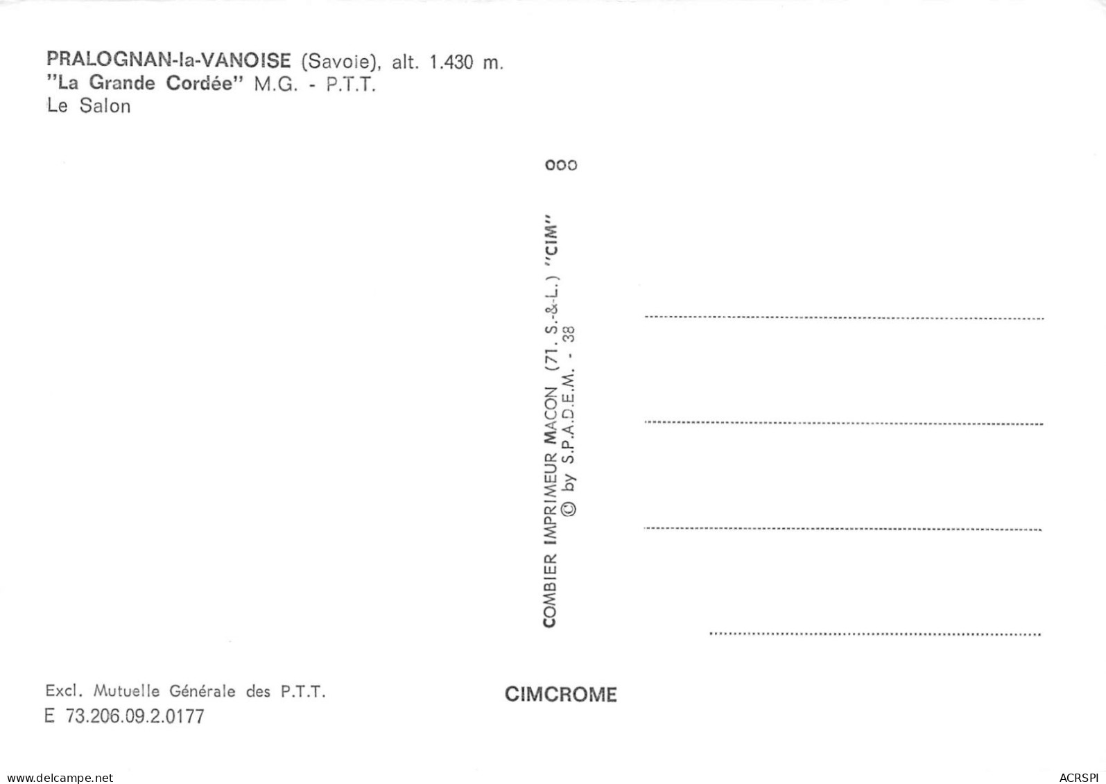 73 PRALOGNAN-LA-VANOISE La Grande-Cordée MG PTT Le Salon (Scan R/V) N° 18 \MS9050 - Pralognan-la-Vanoise