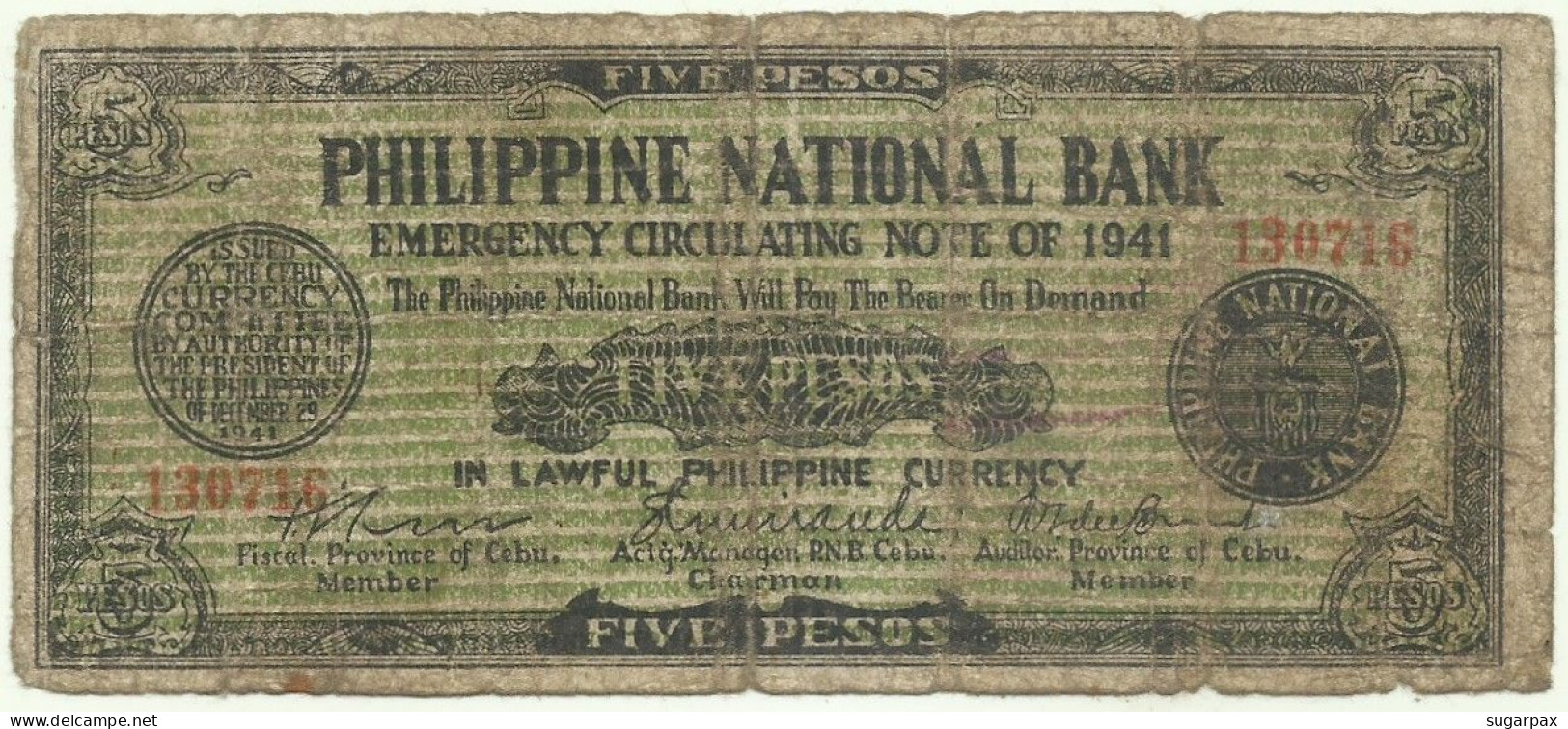 PHILIPPINES - 5 Pesos - 1941 - Pick S 216.b - Philippine National Bank CEBU - Filippine