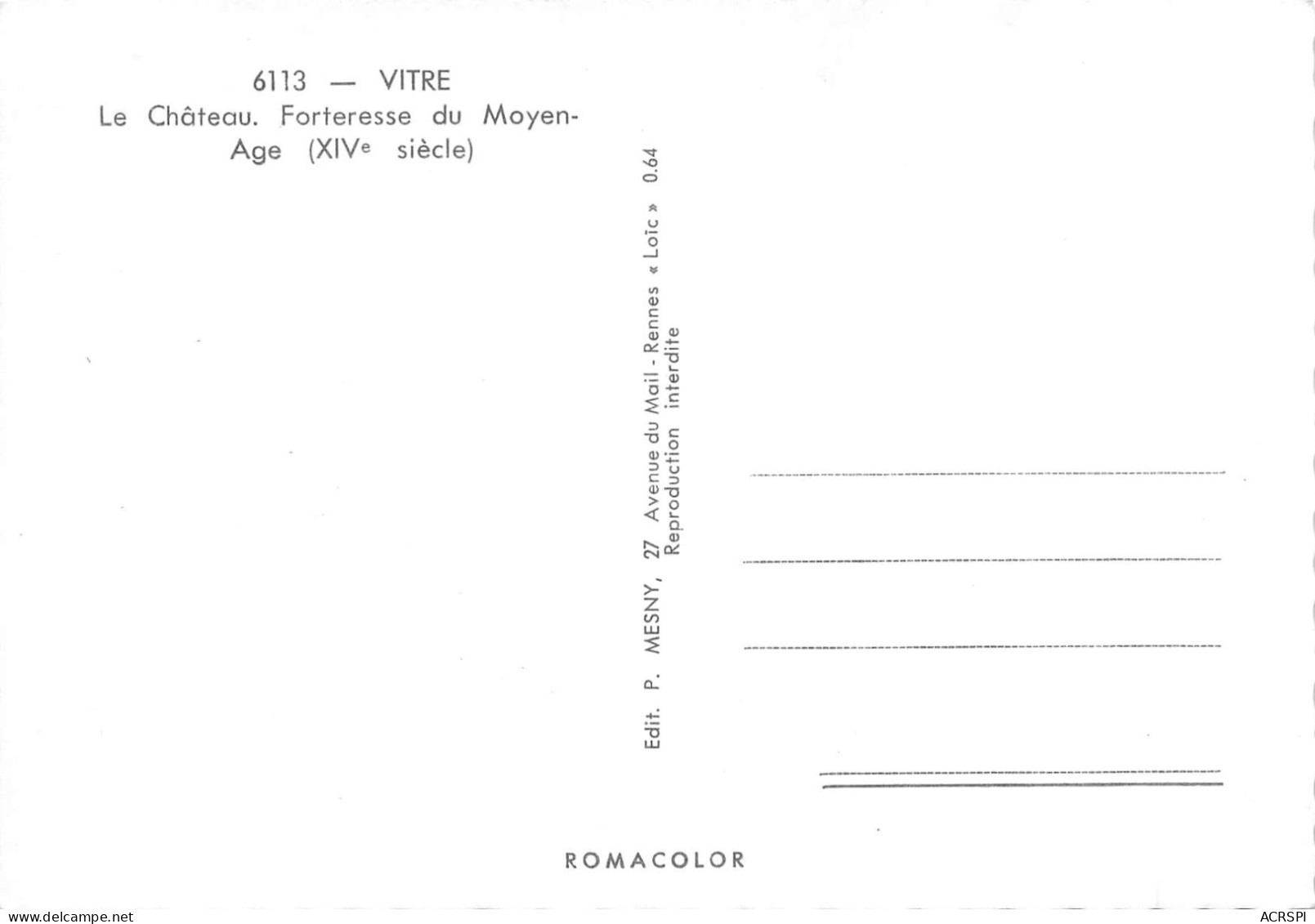 35 VITRE Chateau Forteresse Carte Vierge Non Circulé (Scan R/V) N° 32 \MS9087 - Vitre