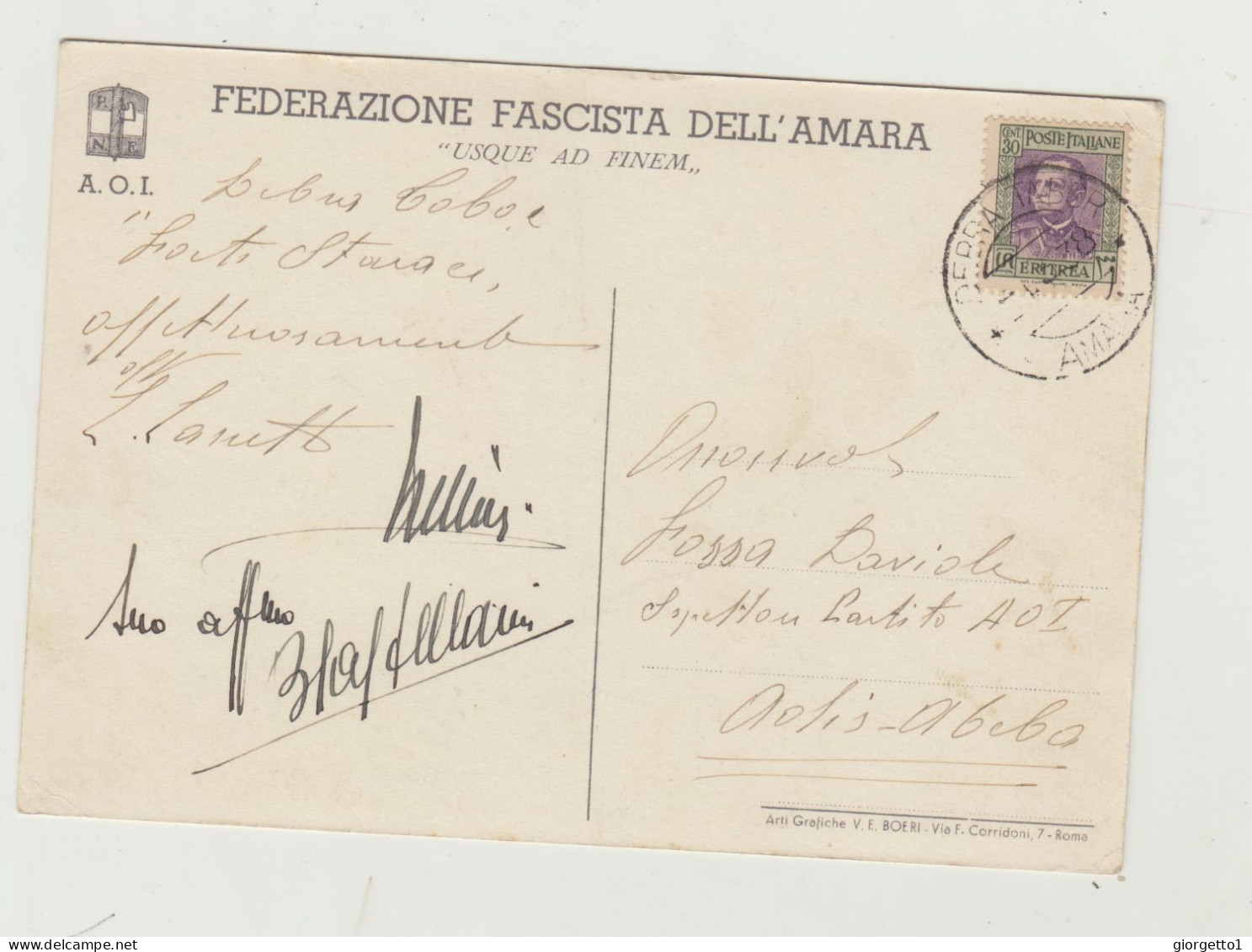 CARTOLINA ILLUSTRATA - FEDERAZIONE FASCISTA DELL'AMARA - DEL 1938 DEBRA TABOR AMARA WW2 A.O.I. - Poststempel (Flugzeuge)