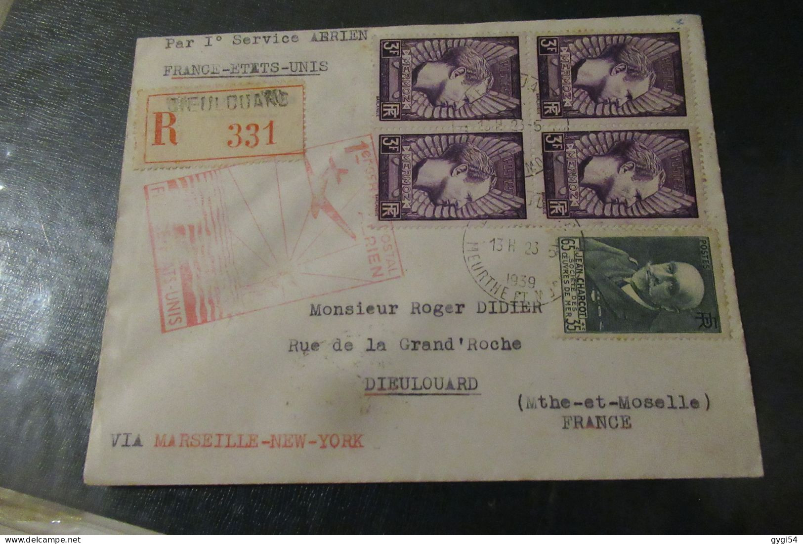 Par Premier Service Aérien France Etats - Unis 1939 Lettre R Dieulouard - Premiers Vols