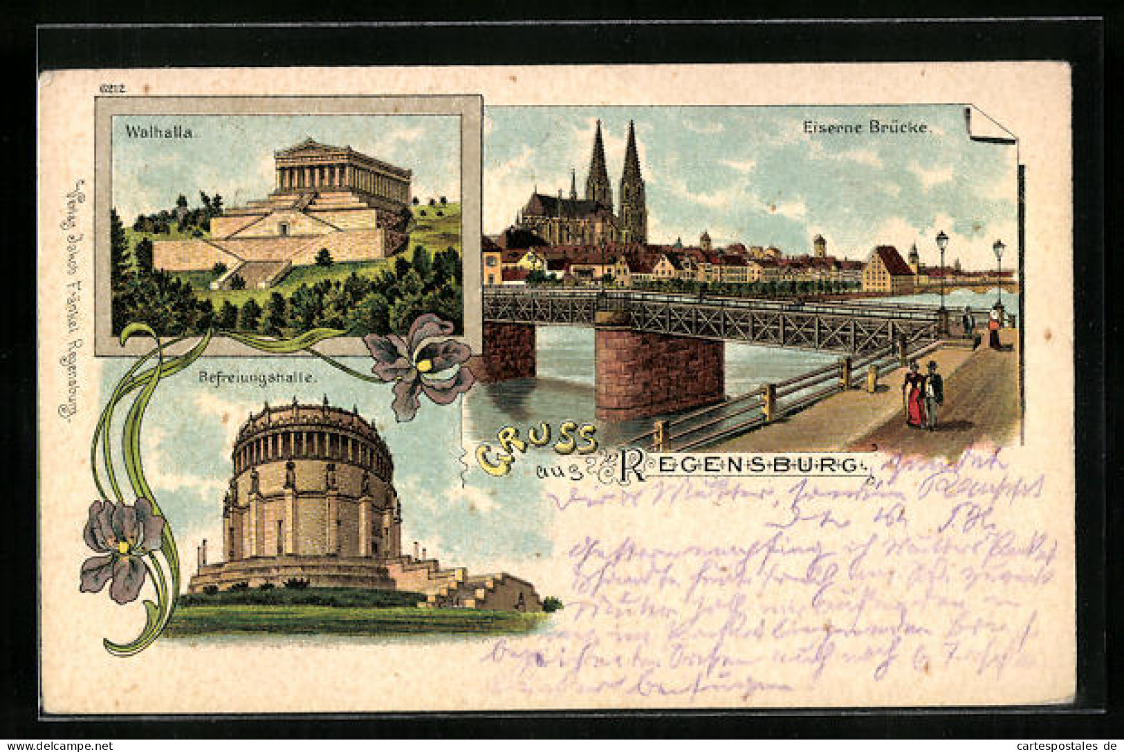 Lithographie Regensburg, Walhalla, Eiserne Brücke, Befreiungshalle  - Regensburg