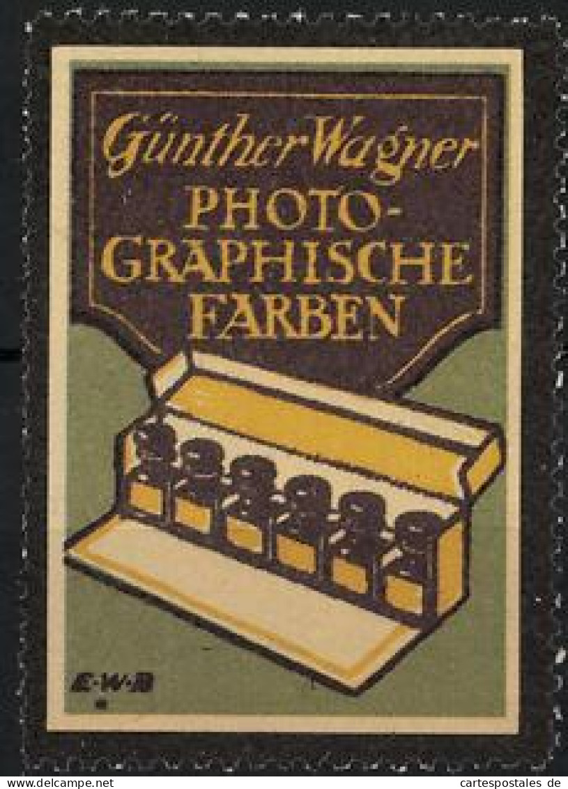 Reklamemarke Photo-Graphische Farben Von Günther Wagner, Kleine Fläschchen Im Karton  - Erinnophilie