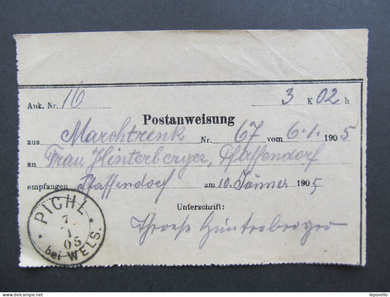 Postanweisung Pichl Bei Wels - Pfaffendorf 1905  /// D*59528 - Briefe U. Dokumente