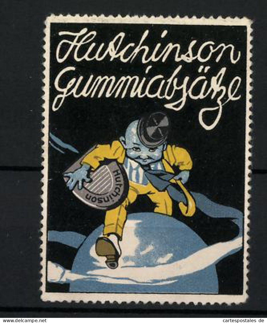 Reklamemarke Hutschinson Gummi-Absätze, Mann Eilt Mit Absatz über Die Erdkugel Hinweg  - Vignetten (Erinnophilie)