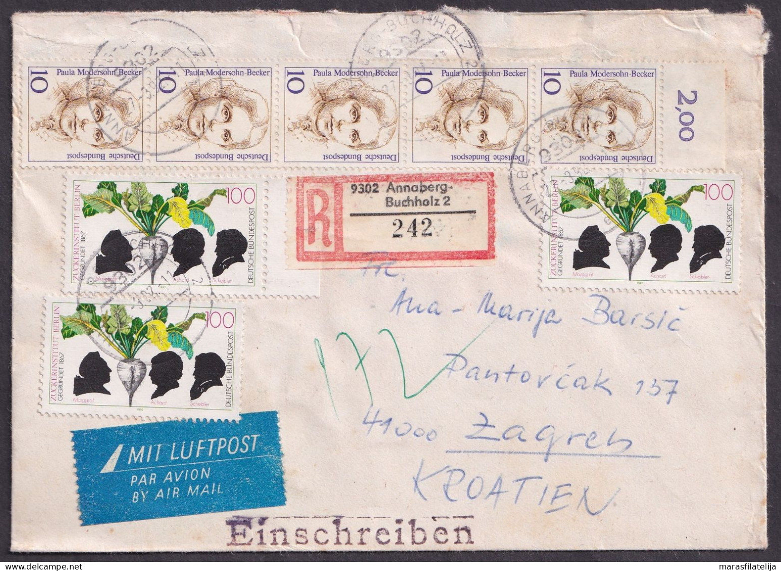 Germany 1992, Zuckerinstitut Berlin, Registered Letter To Croatia - Andere & Zonder Classificatie