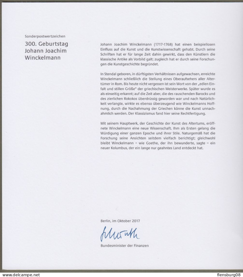 Bund: Minister Card - Ministerkarte Typ VIII, Mi-Nr. 3338: " 300. Geburtstag Von Johann Joachim Winckelmann " RR X - Brieven En Documenten