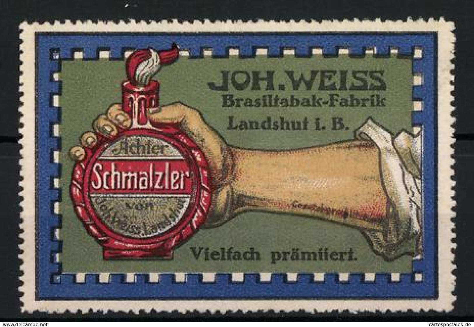 Reklamemarke Schmalzler, Brasiltabak-Fabrik Joh. Weiss, Landshut I. B., Hand Hält Eine Flasche  - Cinderellas