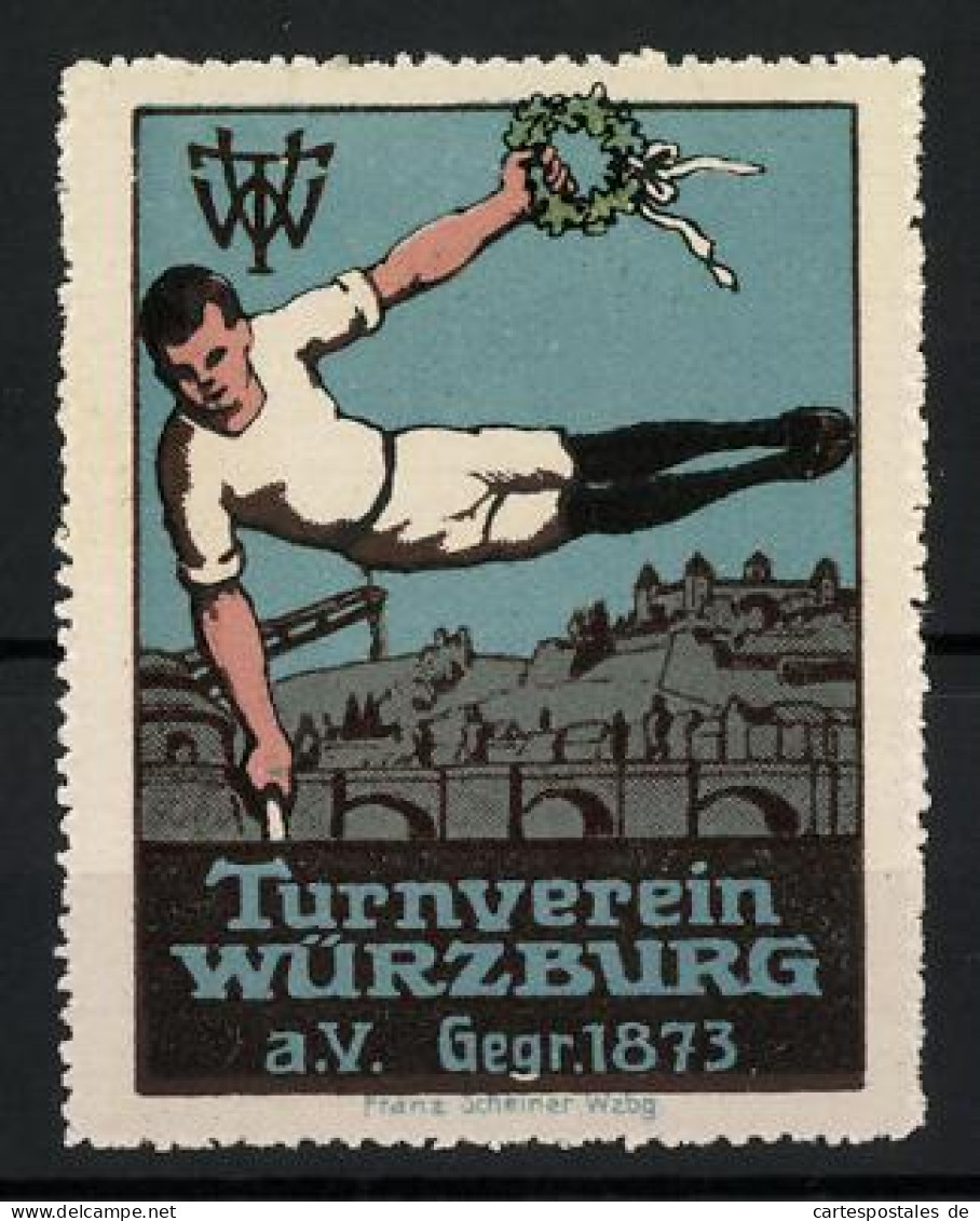 Reklamemarke Würzburg, Turnverein Würzburg A.V., Gegr. 1873, Springer Mit Siegerkranz  - Erinnophilie