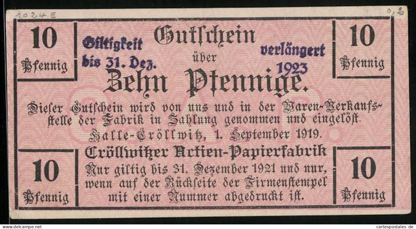Notgeld Cröllwitz 1919, 10 Pfennig, Cröllwitzer Actien-Papierfabrik, Unterlegtes Firmenkürzel  - Lokale Ausgaben