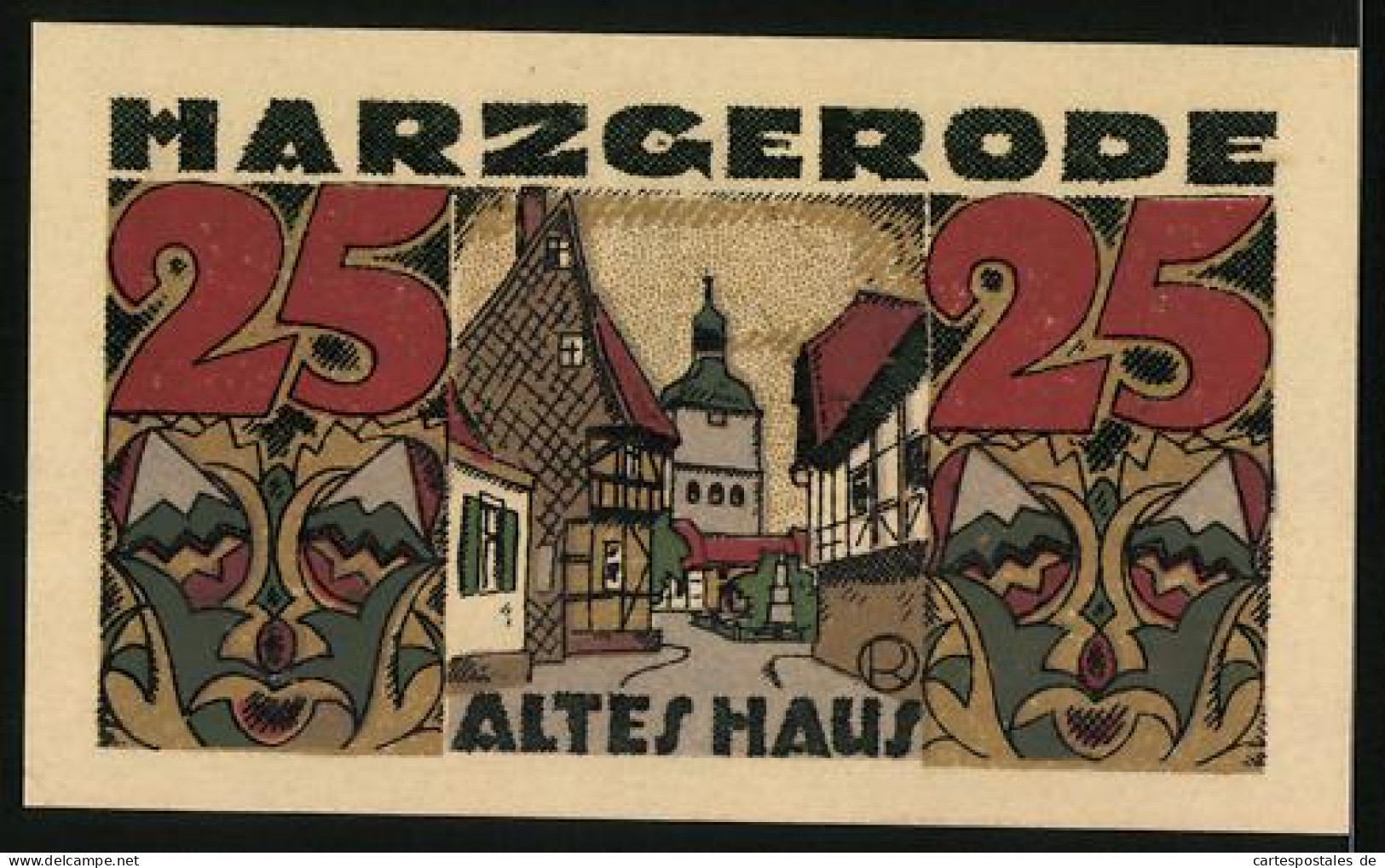 Notgeld Harzgerode 1921, 25 Pfennig, Strassenpartie M. Altem Haus, Masken, Wappen  - [11] Local Banknote Issues