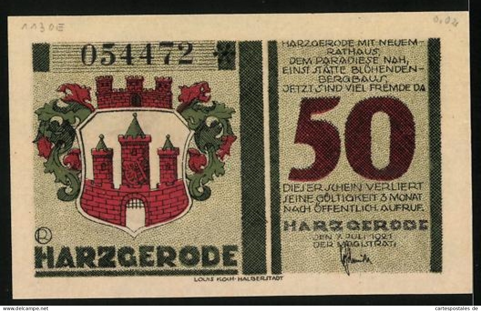 Notgeld Harzgerode 1921, 50 Pfennig, Wappen, Ortspartie M. Rathaus  - [11] Emissions Locales