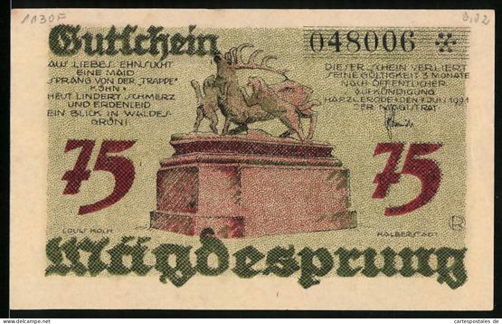 Notgeld Mägdesprung 1921, 75 Pfennig, Hirsch-Statue, Ortsansicht  - [11] Local Banknote Issues