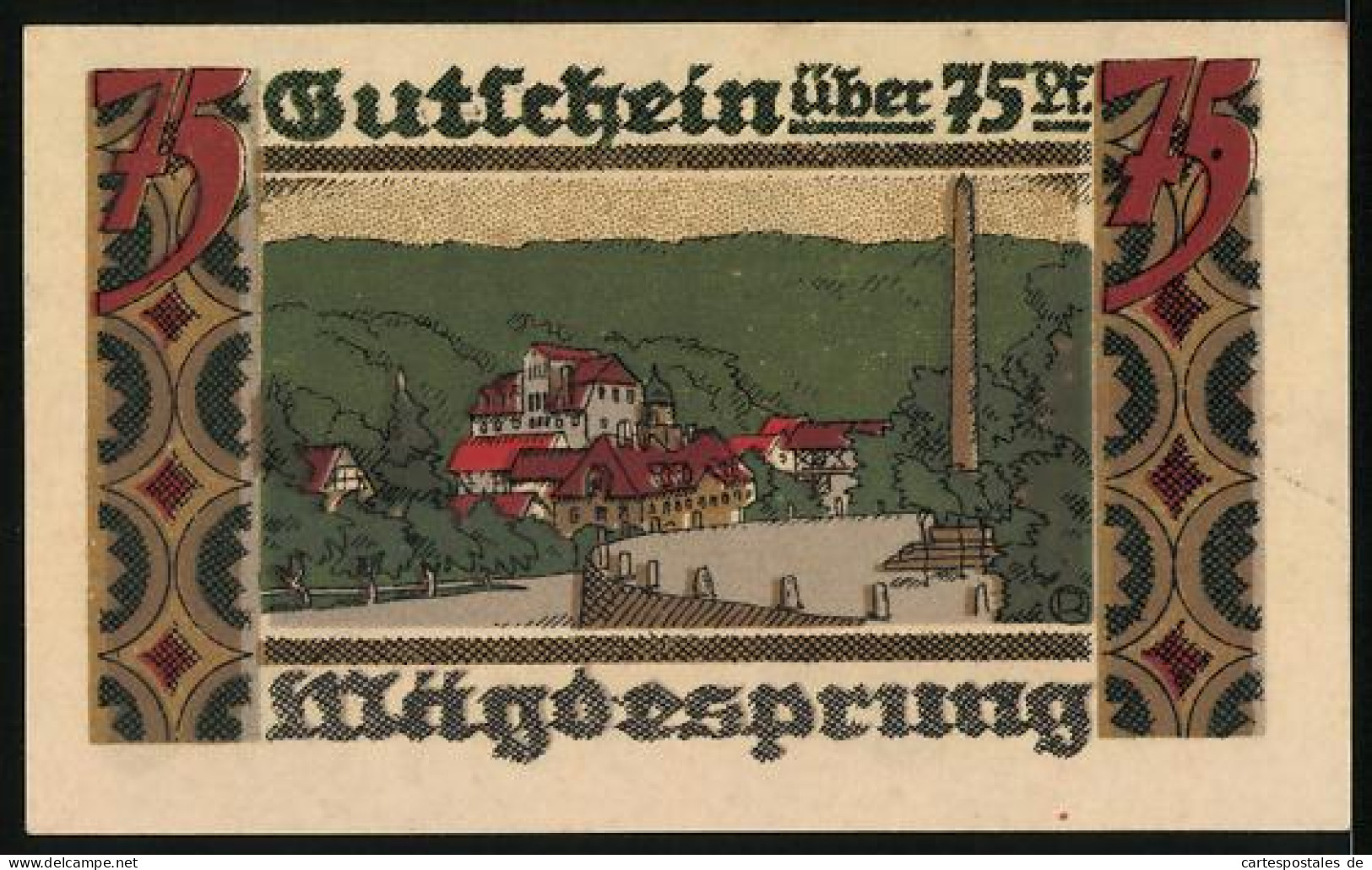 Notgeld Mägdesprung 1921, 75 Pfennig, Hirsch-Statue, Ortsansicht  - [11] Local Banknote Issues