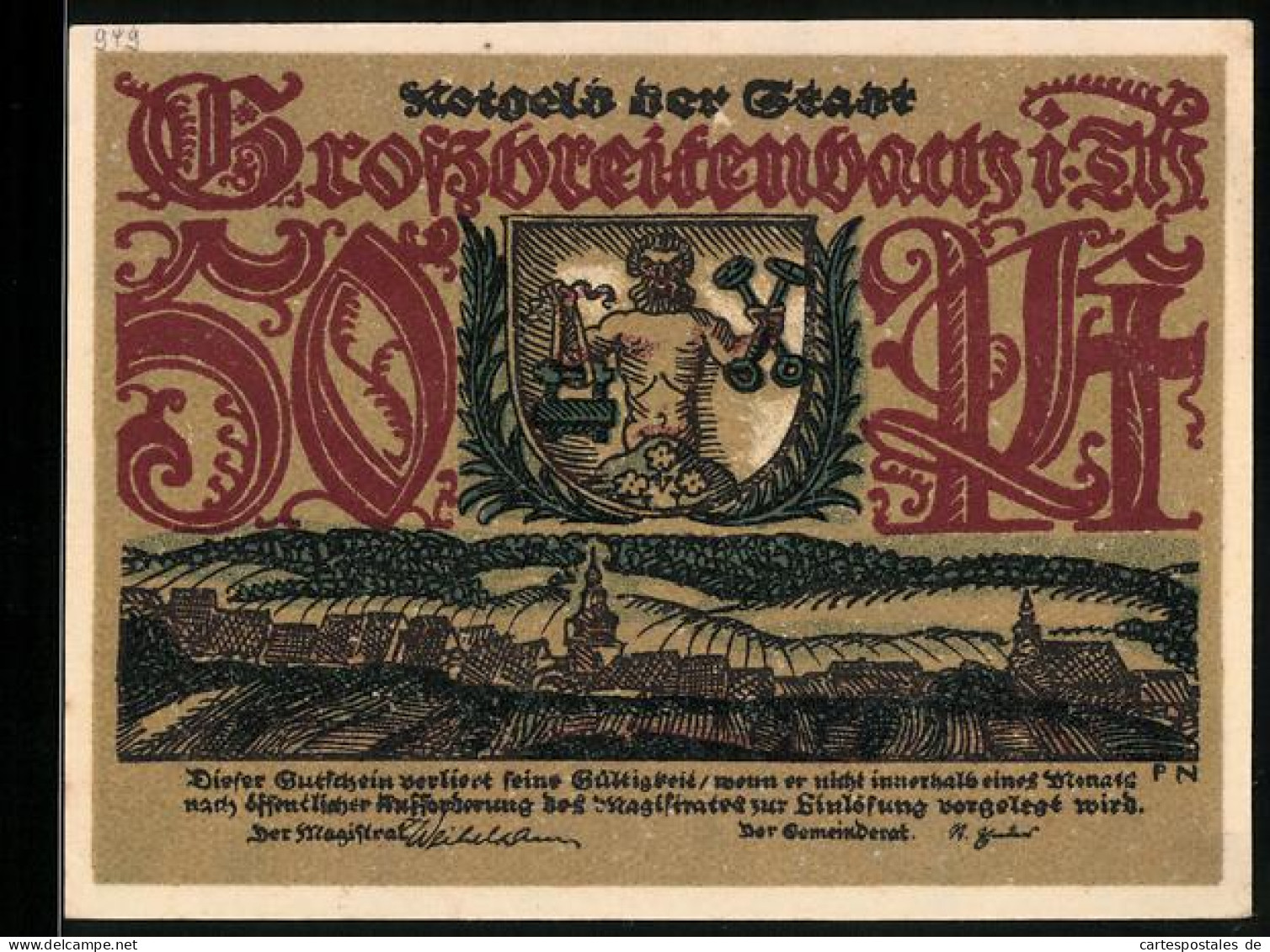 Notgeld Grossbreitenbach /Th., 50 Pfennig, Stadtpanorama, Wappen, Glasindustrie  - [11] Local Banknote Issues