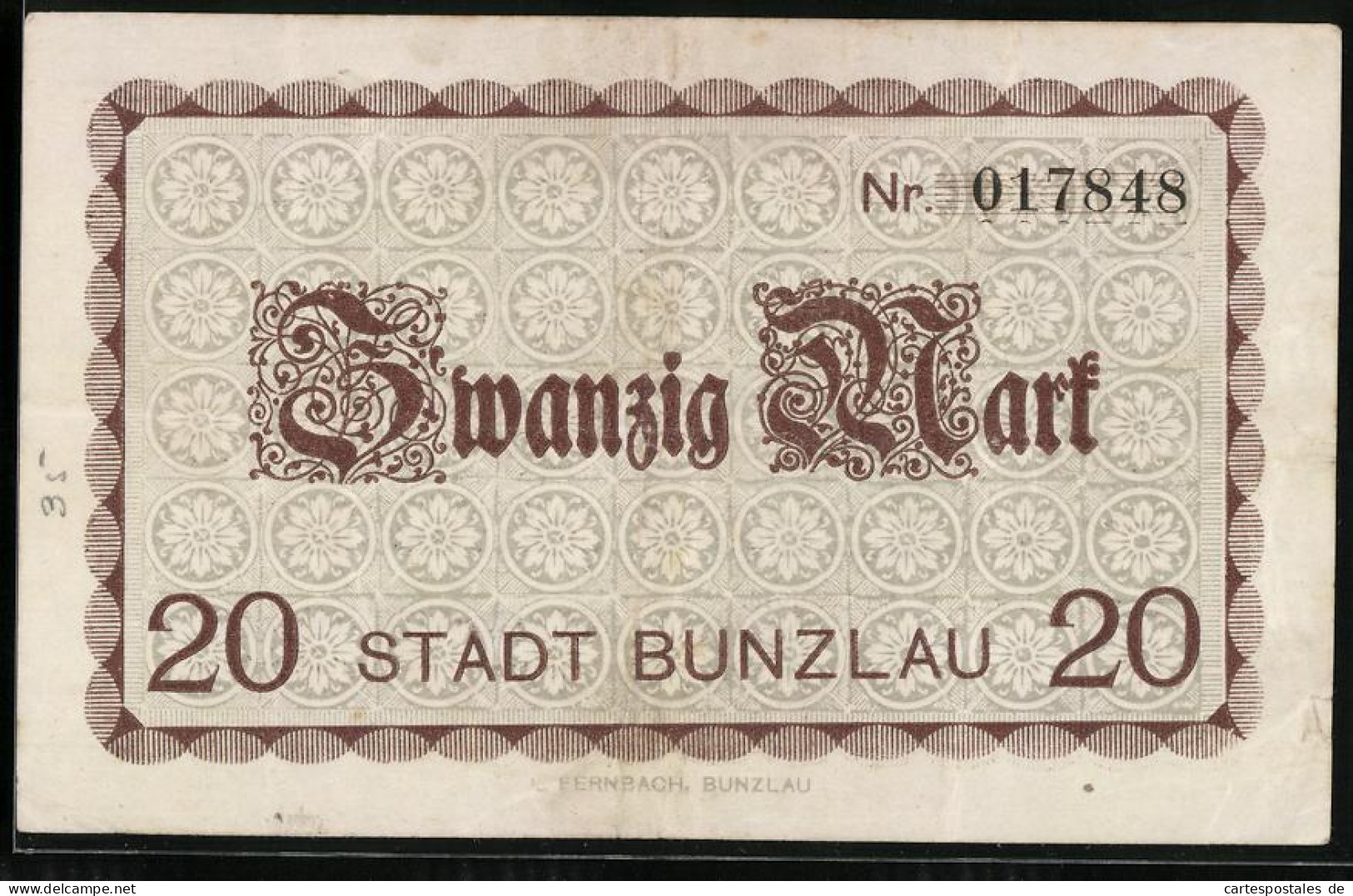 Notgeld Bunzlau 1918, 20 Mark, Kontroll-Nr. 017848  - [11] Local Banknote Issues