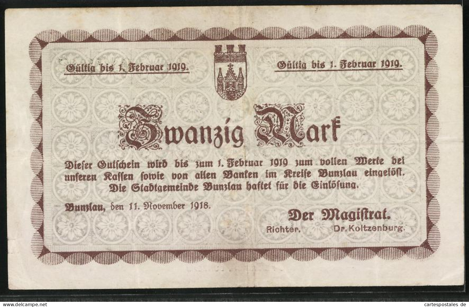 Notgeld Bunzlau 1918, 20 Mark, Kontroll-Nr. 017848  - [11] Local Banknote Issues
