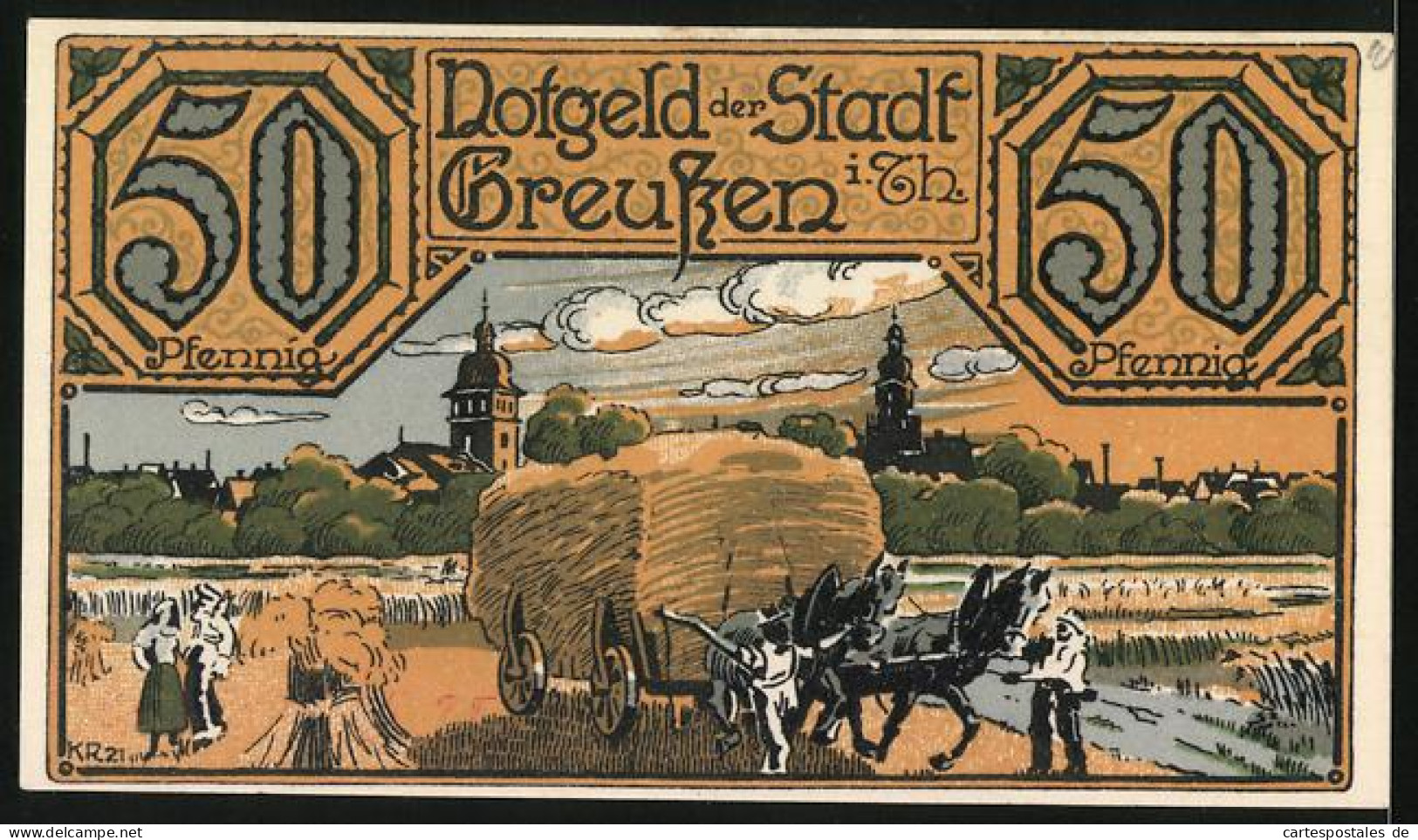 Notgeld Greussen I. Th., 50 Pfennig, Pferde Ziehen Grossen Heuwagen  - [11] Local Banknote Issues
