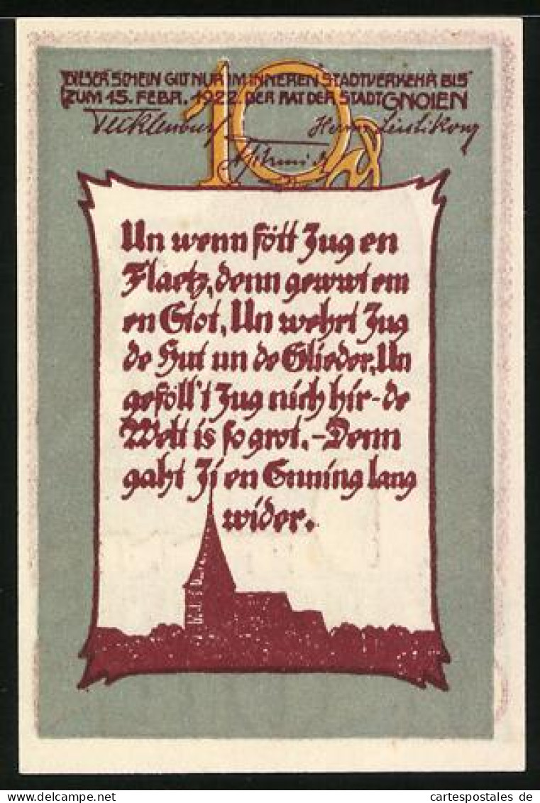 Notgeld Gnoien 1922, 10 Pfennig, Ackerbau Und Ortssilhouette  - [11] Local Banknote Issues