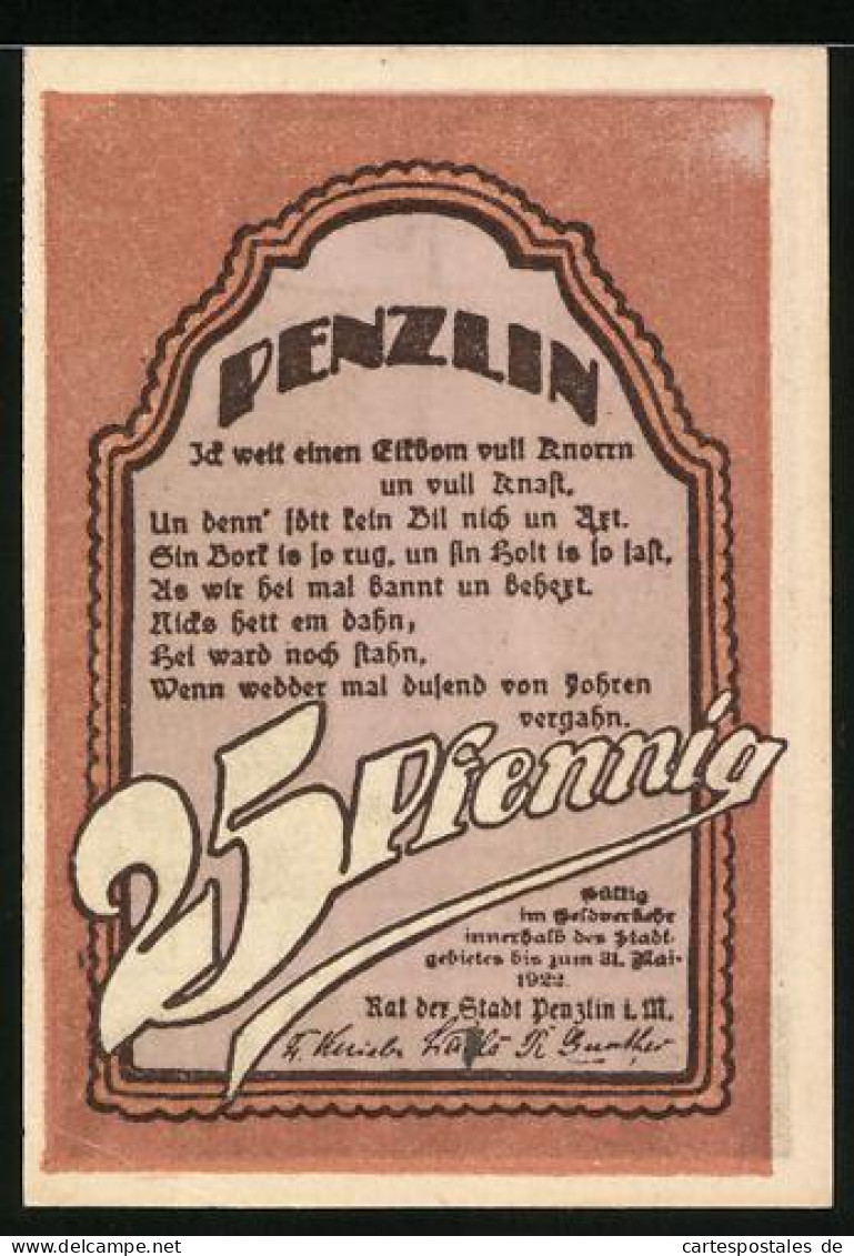 Notgeld Penzlin 1922, 25 Pfennig, Kirche  - [11] Local Banknote Issues