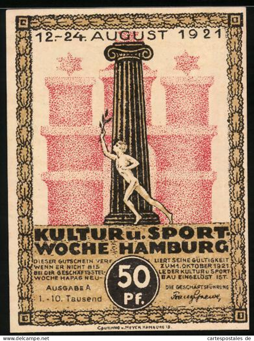 Notgeld Hamburg 1921, 50 Pfennig, Kultur U. Sport Woche, Turner Vor Säule, Dampfer  - Lokale Ausgaben