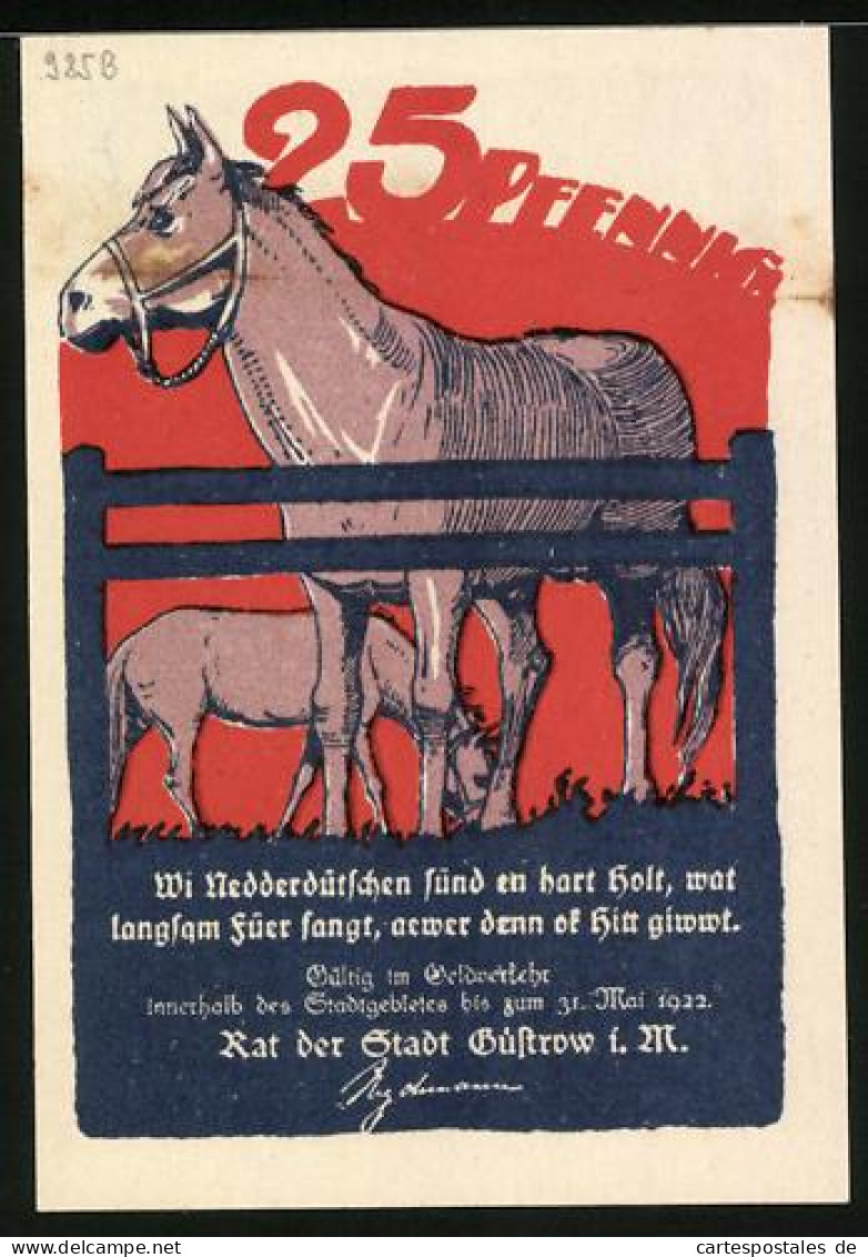 Notgeld Güstrow 1922, 25 Pfennig, Rathaus, Pferde Auf Einer Koppel  - [11] Local Banknote Issues