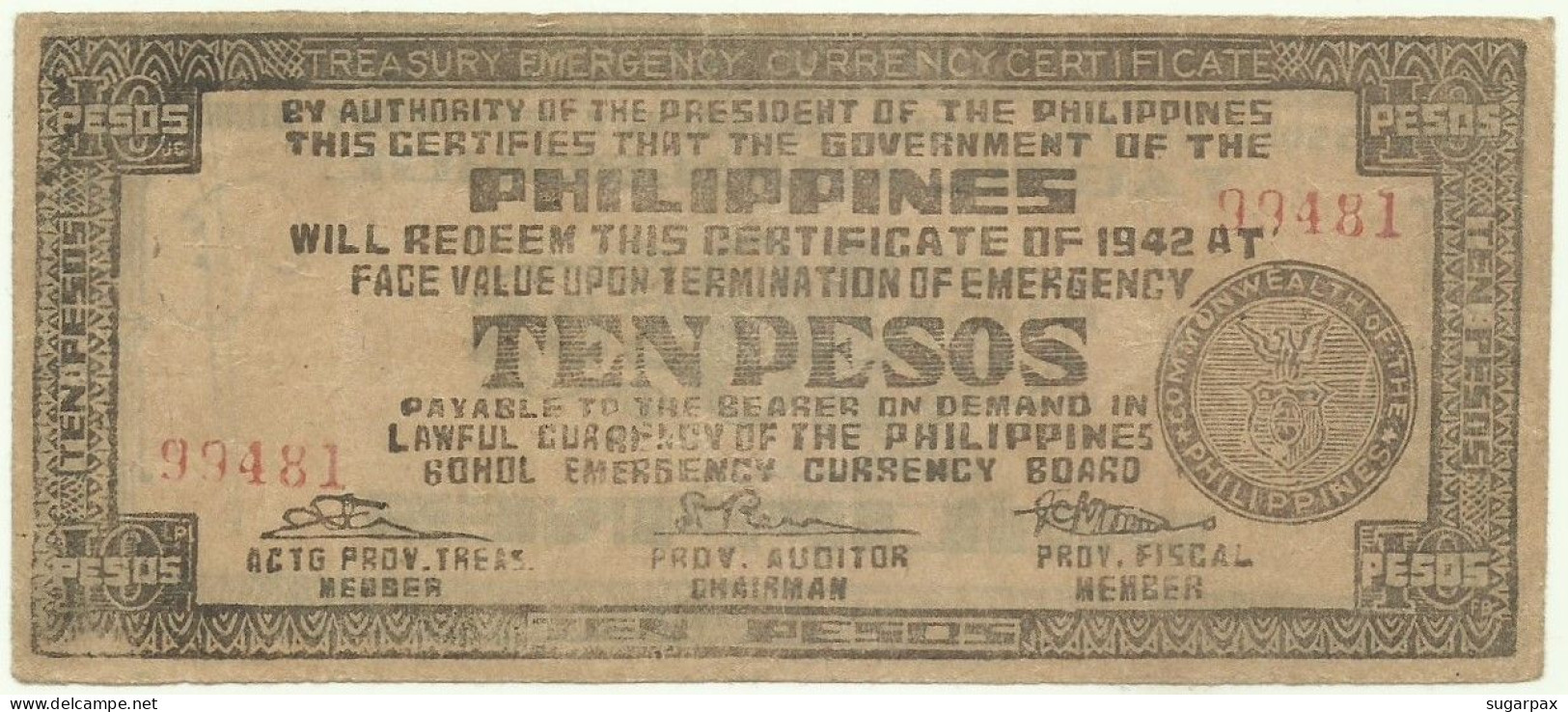 PHILIPPINES - 10 Pesos - 1942 - Pick S 137 - Commonwealh Of The Philippines - BOHOL - Filippijnen