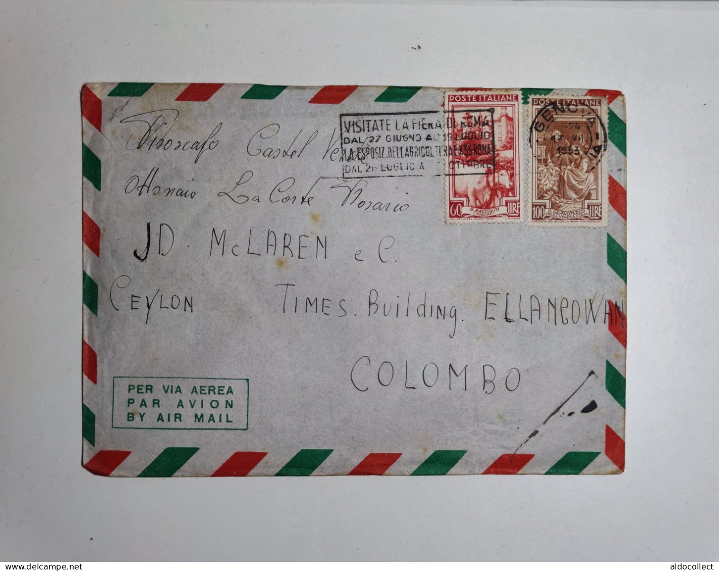 Lettera Via Aerea Da Genova Per Colombo Ceylon Del 1953 - Airmail