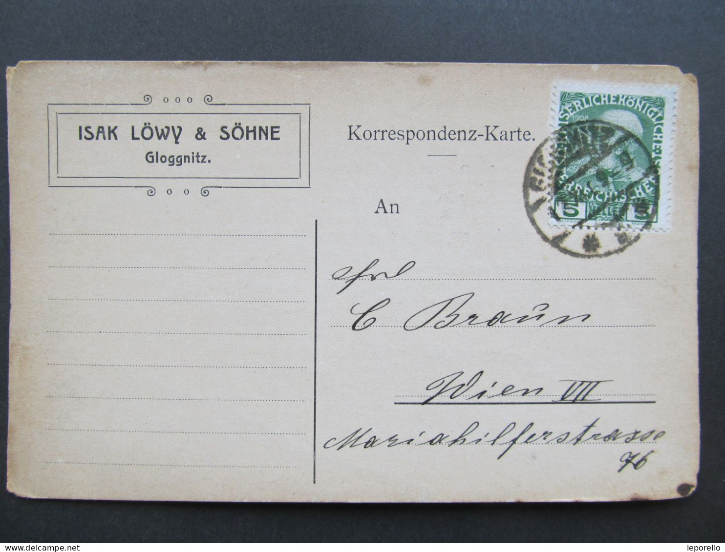 KARTE Gloggnitz - Wien Isak Löwy 1909 /// D*59533 - Cartas & Documentos