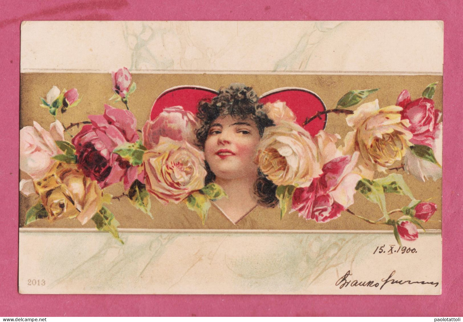 Art Noveau- Roses And A Faces Of A Girl. Lithographic- Small Size Post Card, Back Not Divided, - Other & Unclassified