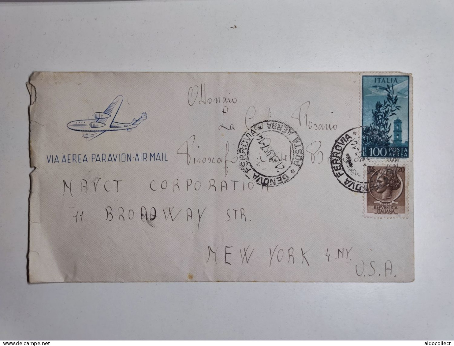 Lettera Via Aerea Da Genova Per New York Del 1957 - Correo Aéreo