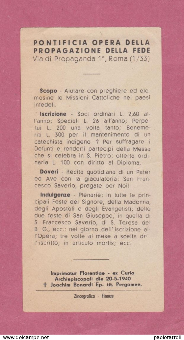 Santini, Holy Card. Giornata Missionaria Mondiale. Ed. Zicografica, Firenze.  Imprimatur Florentiae 20.5.1940. - Andachtsbilder