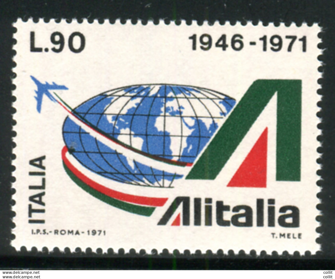 Alitalia Lire 90 Varietà Stampa Del Verde Spostata In Alto - Variétés Et Curiosités