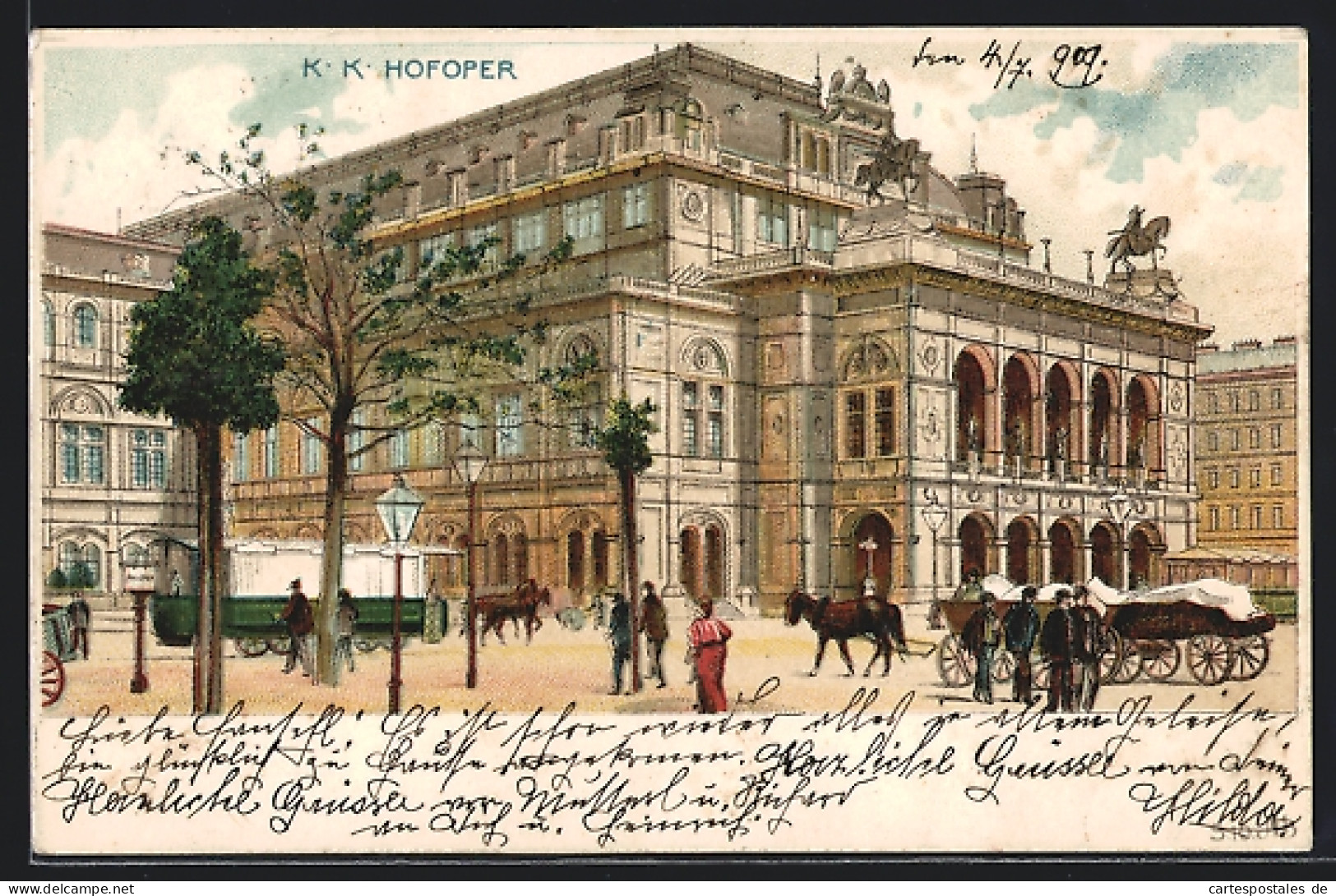 Lithographie Wien I, Hof-Oper, Pferdekutschen  - Sonstige & Ohne Zuordnung