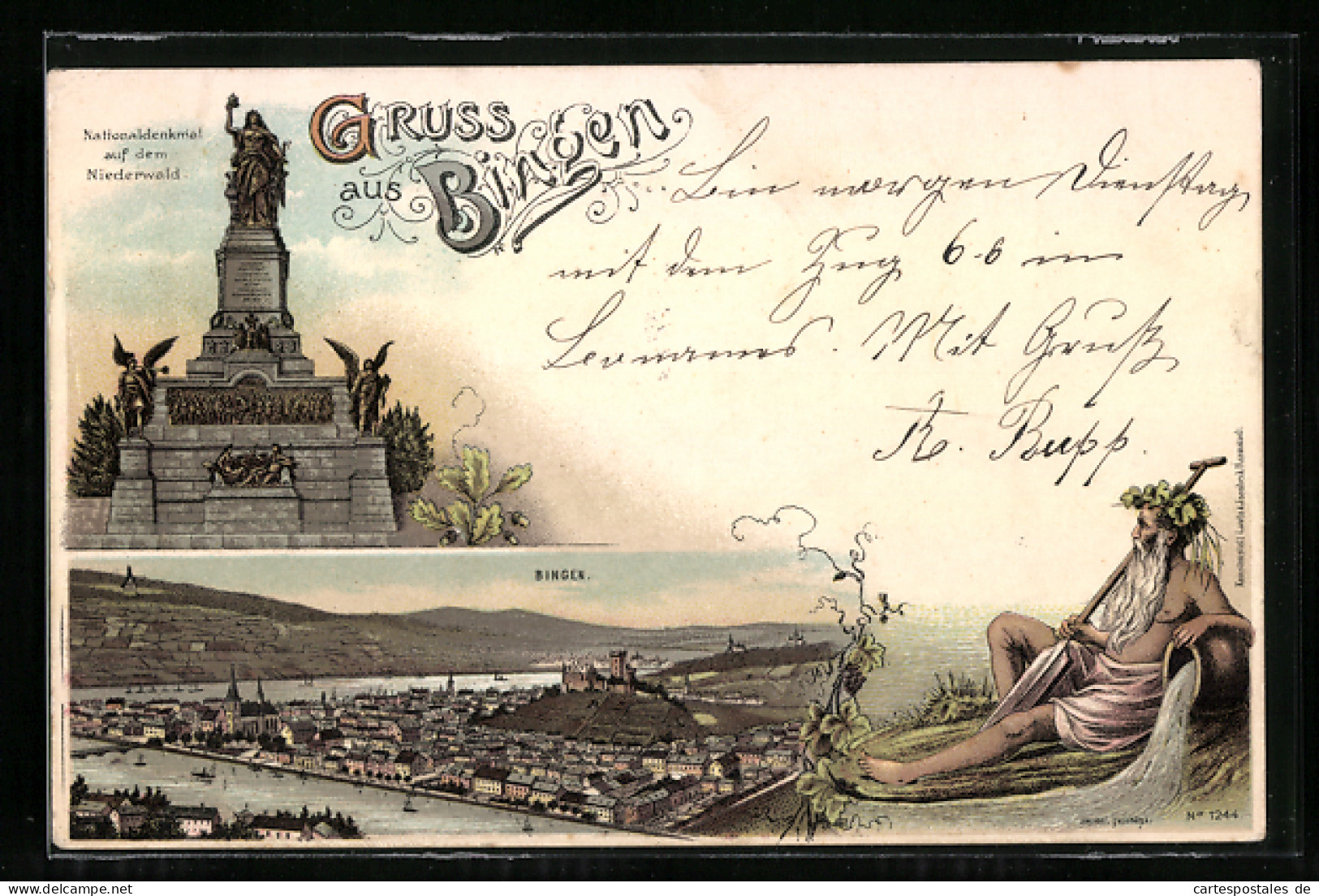 Lithographie Bingen / Rhein, Panorama, Nationaldenkmal Auf Dem Niederwald, Neptun  - Bingen