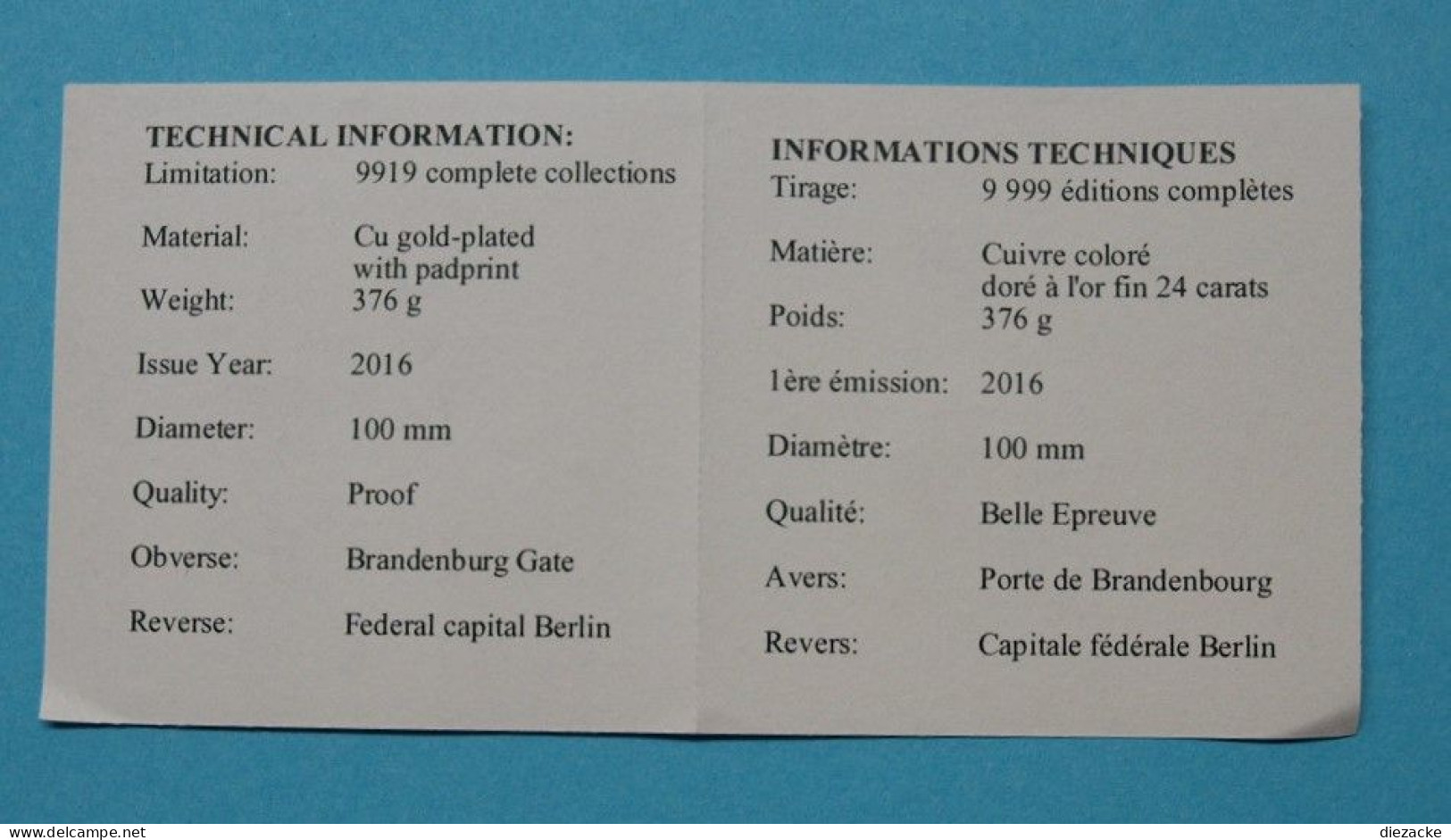 2016 Gigantprägung Brandenburger Tor, Farbdruck, Kupfer Vergoldet In PP (M3459 - Sonstige & Ohne Zuordnung