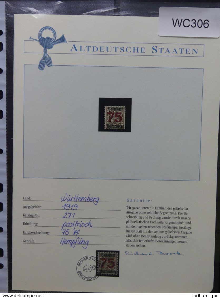 Altdeutschland Württemberg Dienstm. 271 Postfrisch Borek Garantie #WC306 - Mint