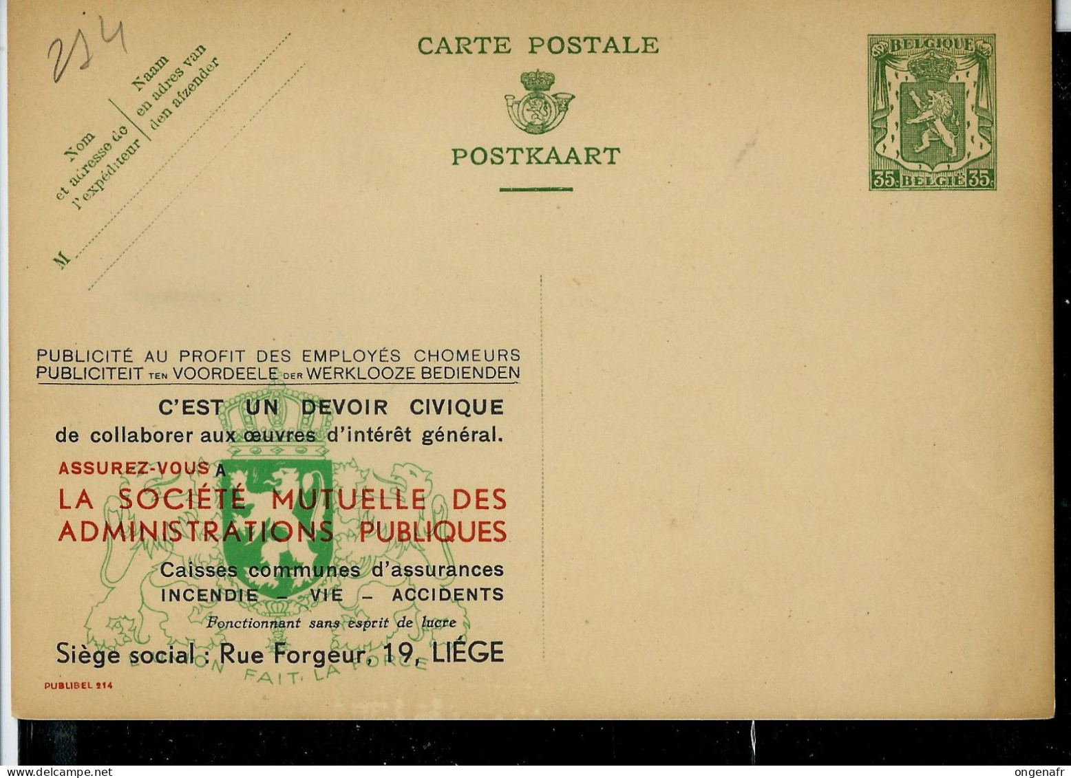 Publibel Neuve N° 214  ( Socièté Mutuelle Des Administrations Publiques Liège) - Werbepostkarten