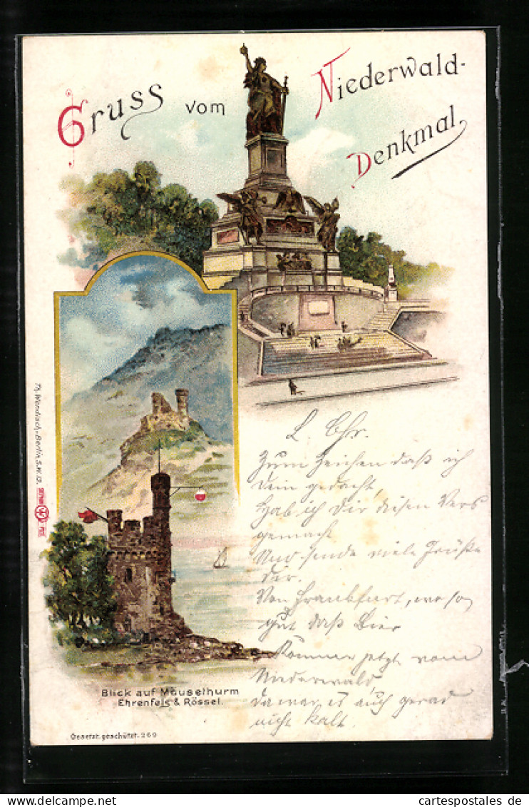 Lithographie Rüdesheim, Niederwald-Denkmal, Mäusethurm, Ehrenfels & Rössel  - Autres & Non Classés