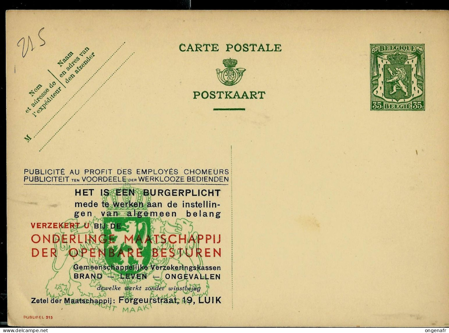 Publibel Neuve N° 215  ( Mutuelle Des Administration Publique - Luik) - Werbepostkarten