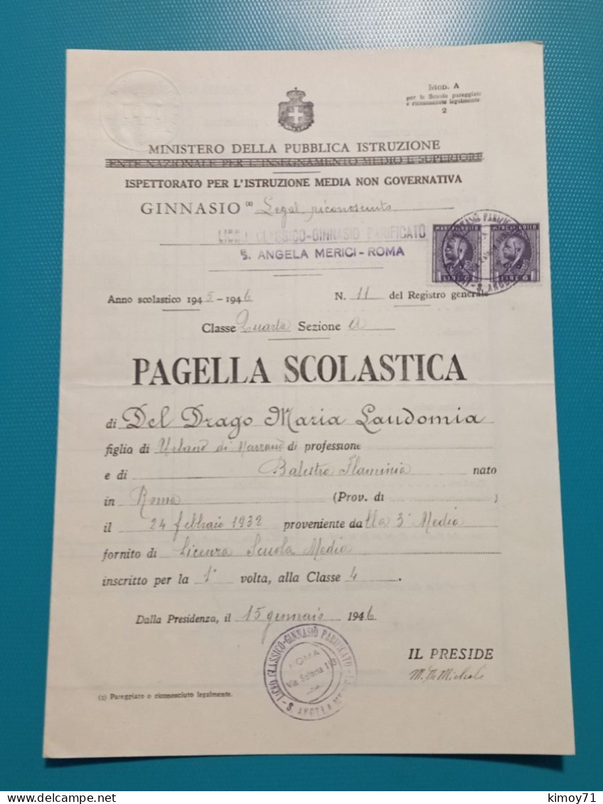 Pagella Scolastica - Anno 1945/1946 - Diplome Und Schulzeugnisse