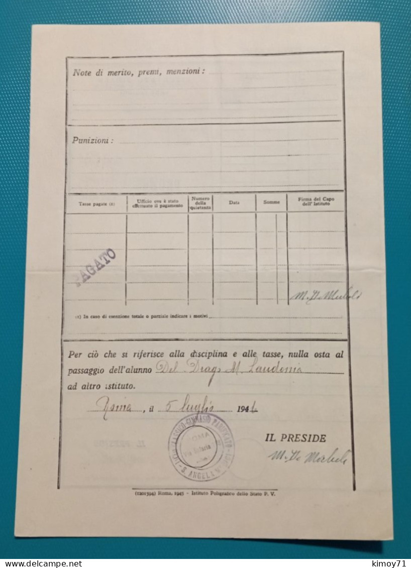 Pagella Scolastica - Anno 1945/1946 - Diploma & School Reports