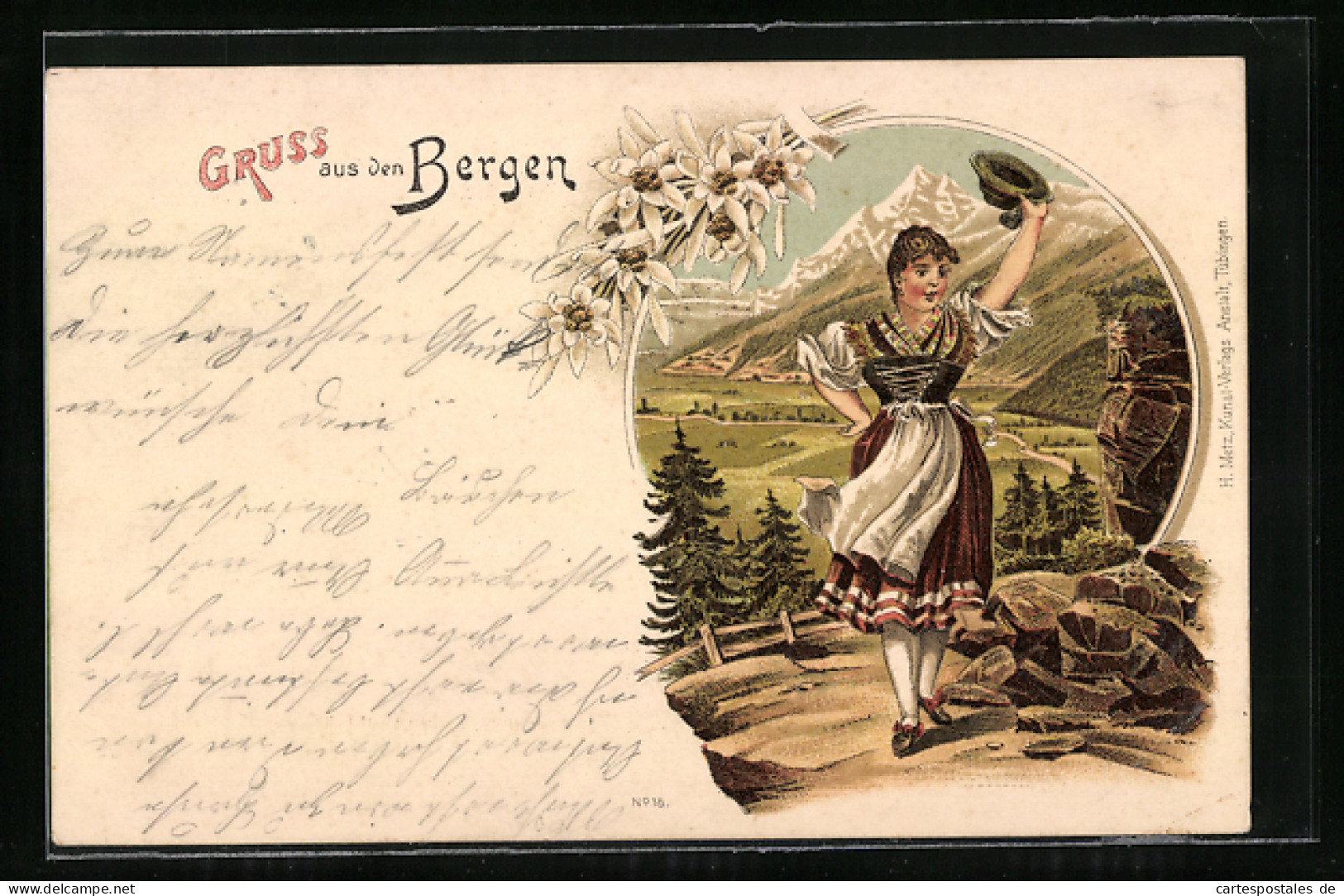 Lithographie Bergen, Junge Frau In Lokaler Tracht  - Costumes