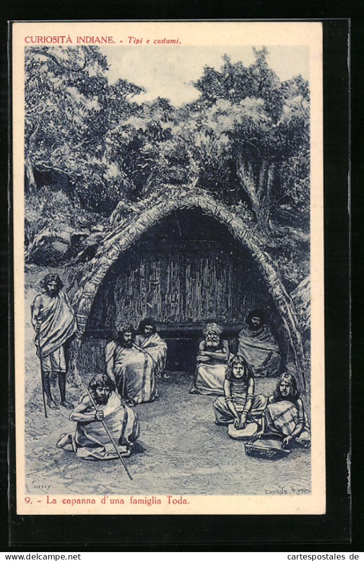 Künstler-AK La Capanna D`una Famiglia Toda, Toda-Indianer Vor Ihrer Hütte  - Indios De América Del Norte