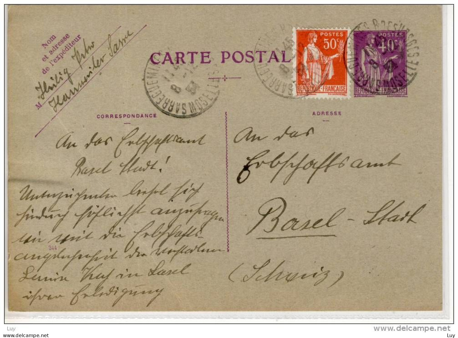 ENTIRE CP 40c + 50c, 1934; SARREGUEMINES Pour Basel, An Das Erbschaftsamt - Standard Postcards & Stamped On Demand (before 1995)