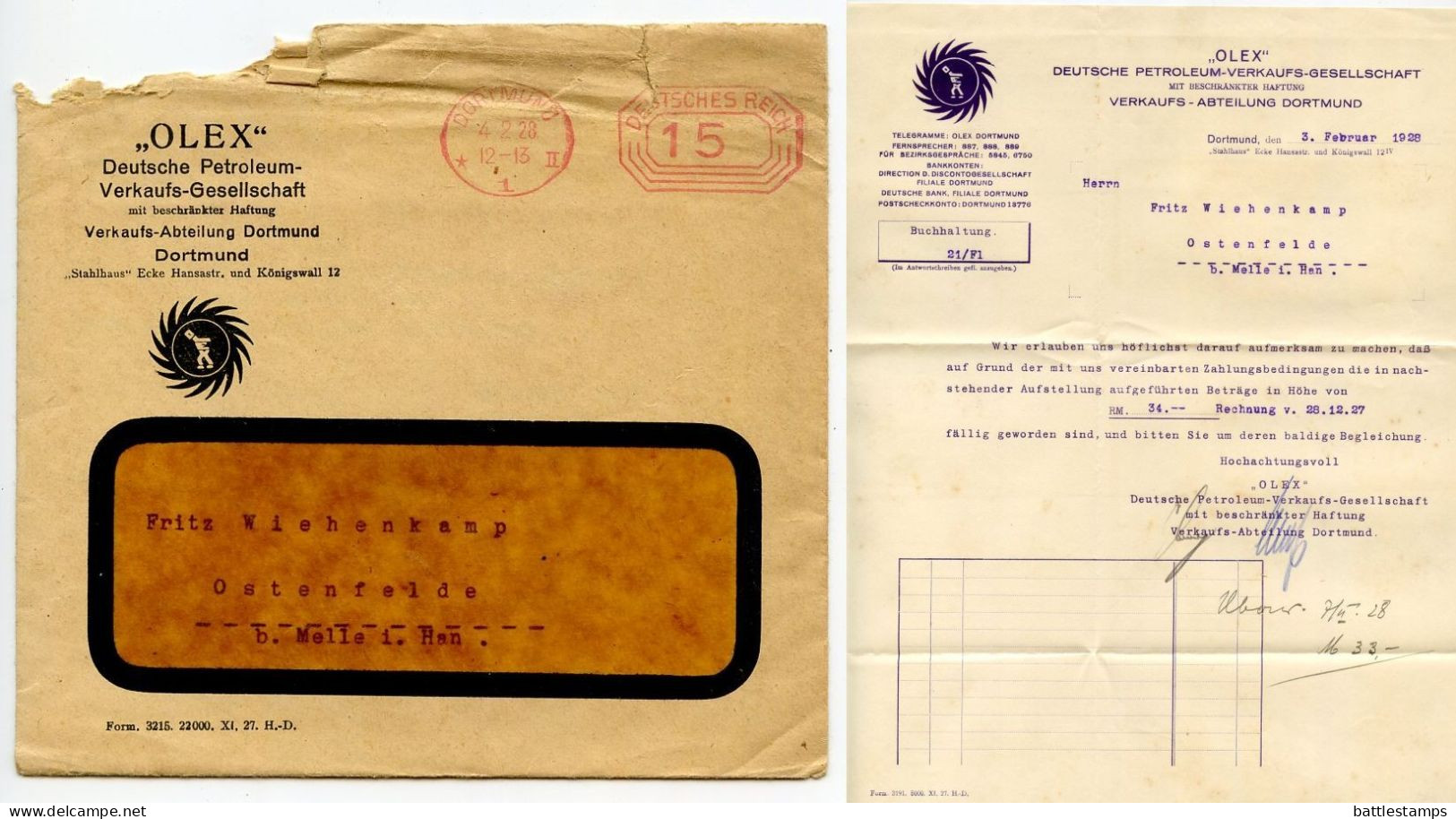 Germany 1928 Cover & Letter; Dortmund - „OLEX" Deutsche Petroleum-Verkaufs-Gesellschaft; 15pf. Meter - Máquinas Franqueo