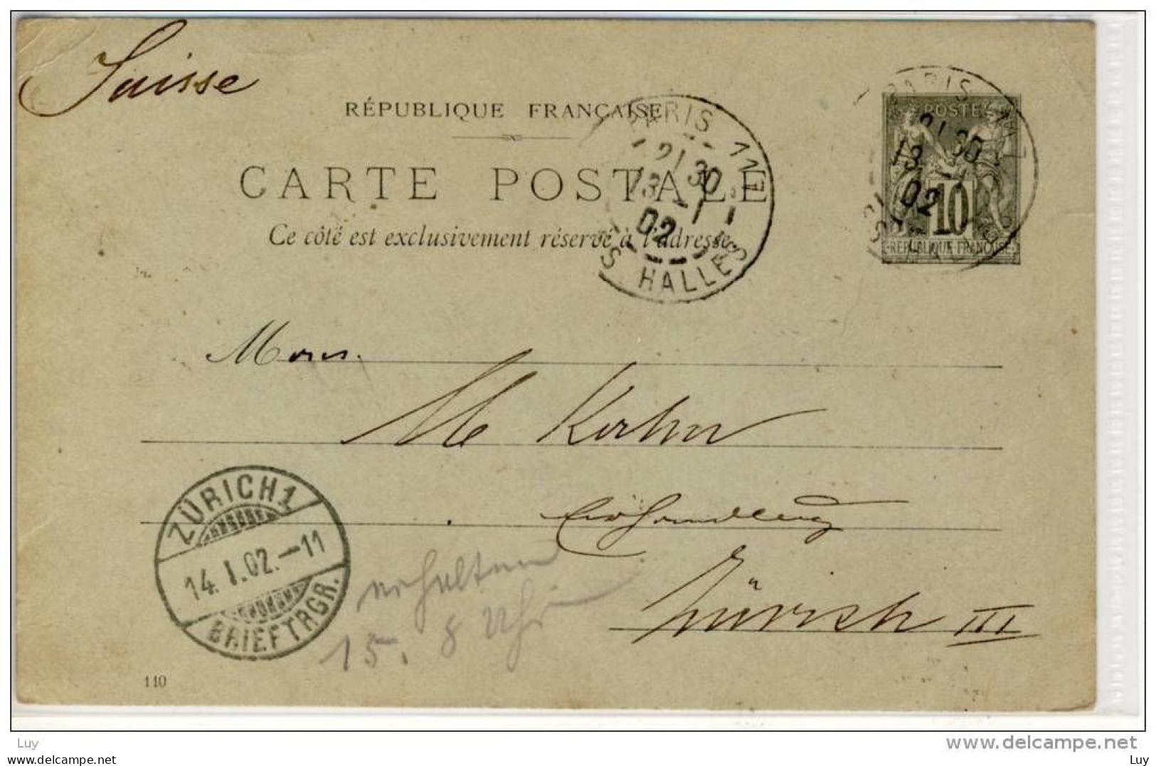 ENTIRE CP 10c, 1902;   Paris Pour Zürich, Suisse - Cartoline Postali E Su Commissione Privata TSC (ante 1995)